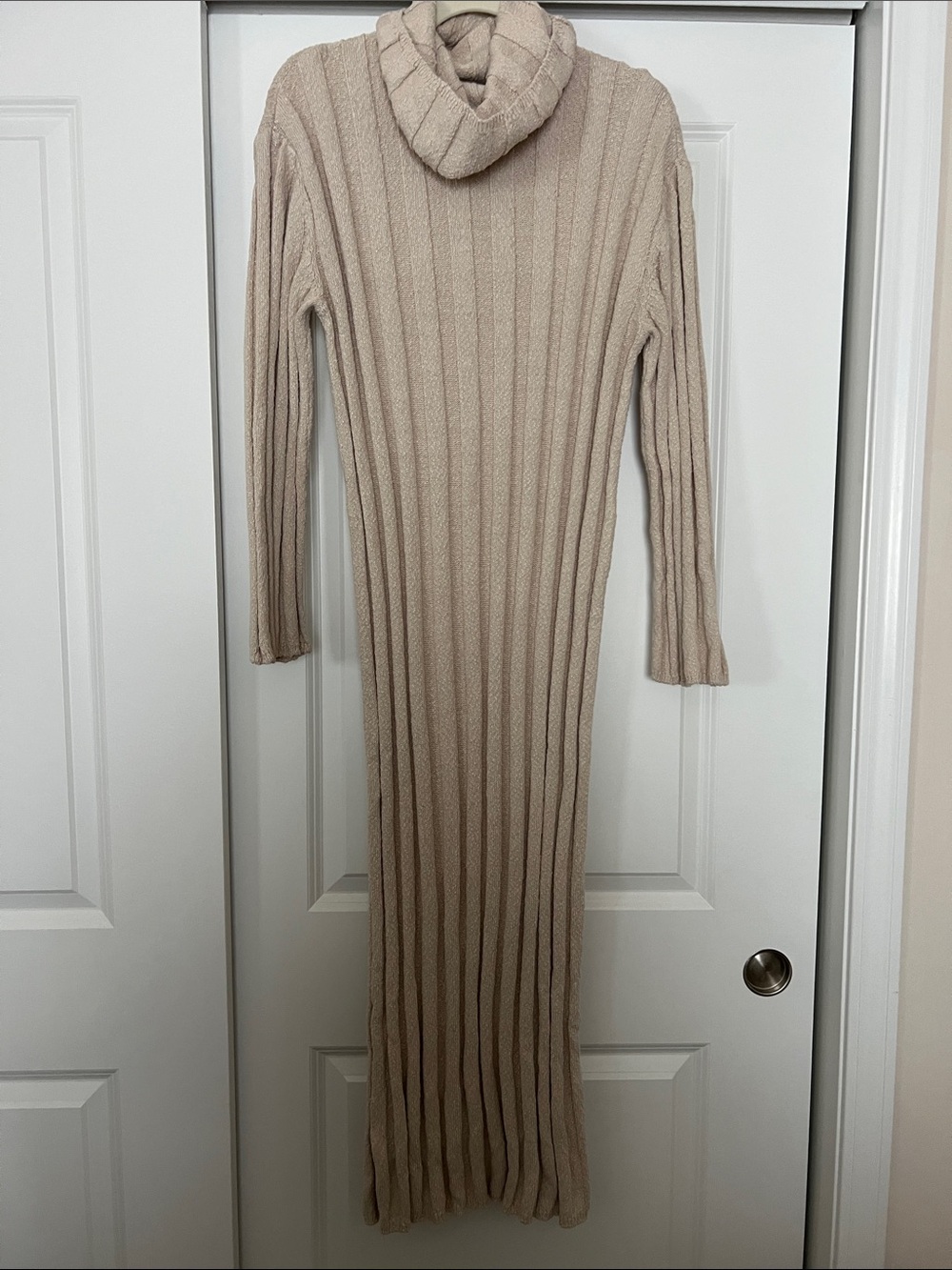 FP Beach Cozy Ribbed Turtleneck Maxi Dress in Beige